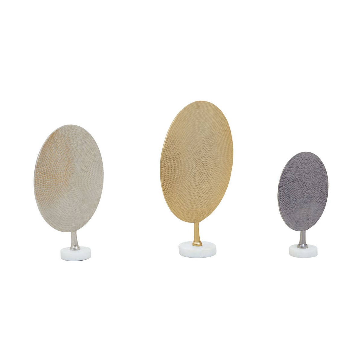 Elias Set Of Three Gold Silver And Black Hammered Metal Sculptures.