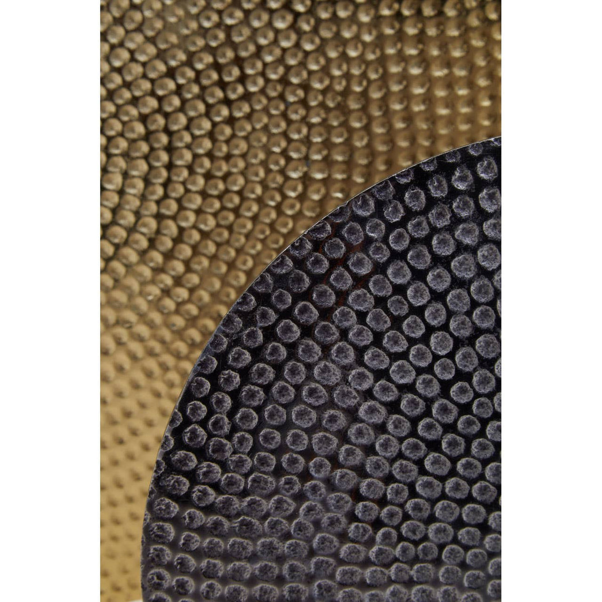 Elias Set Of Three Gold Silver And Black Hammered Metal Sculptures.