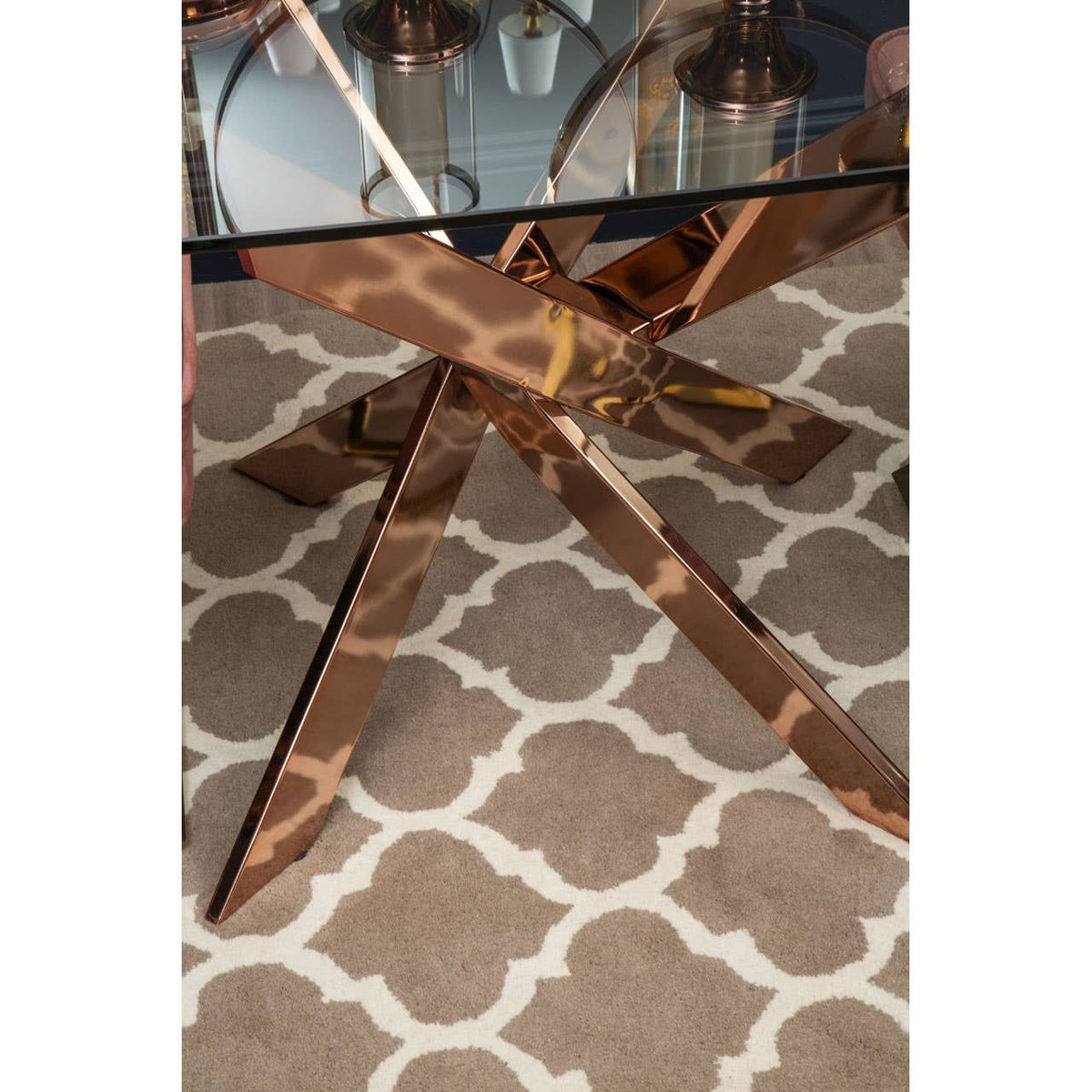Alustre Rectangular Rose Gold Dining Table.