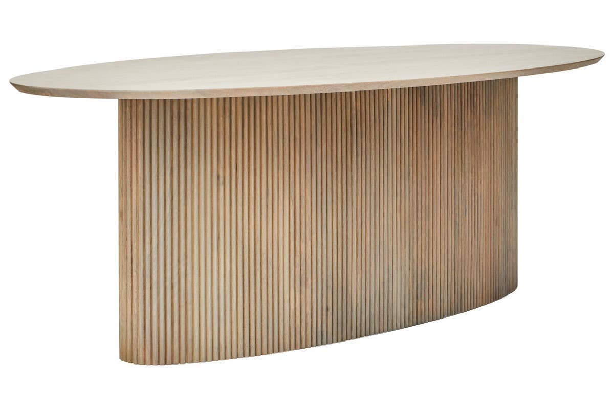 Torello Mango Wood Grey Finish Ridge Detail Oval Dining Table.