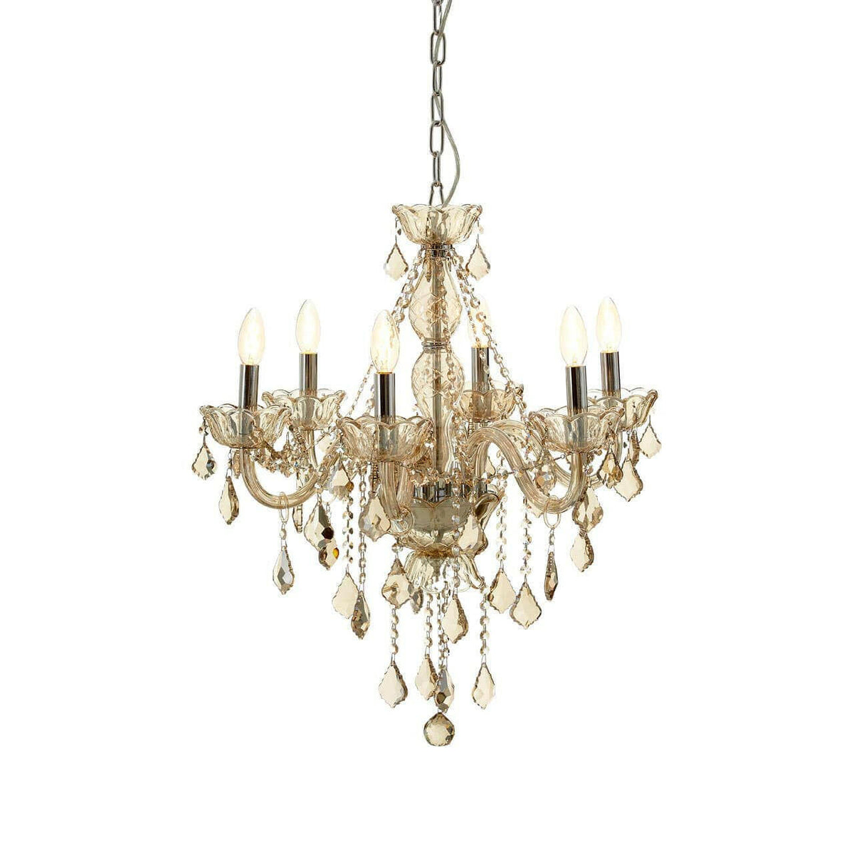 Murano 8 Bulb Chrome/Cognac Glass Chandelier.