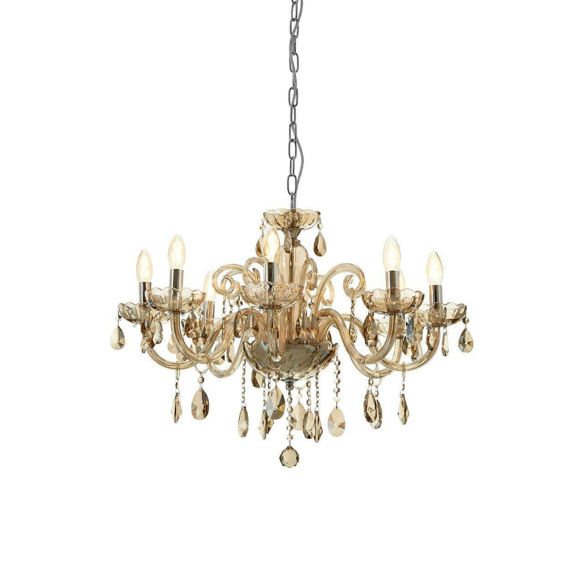 Murano 8 Bulb Chrome/Cognac Glass Chandelier.