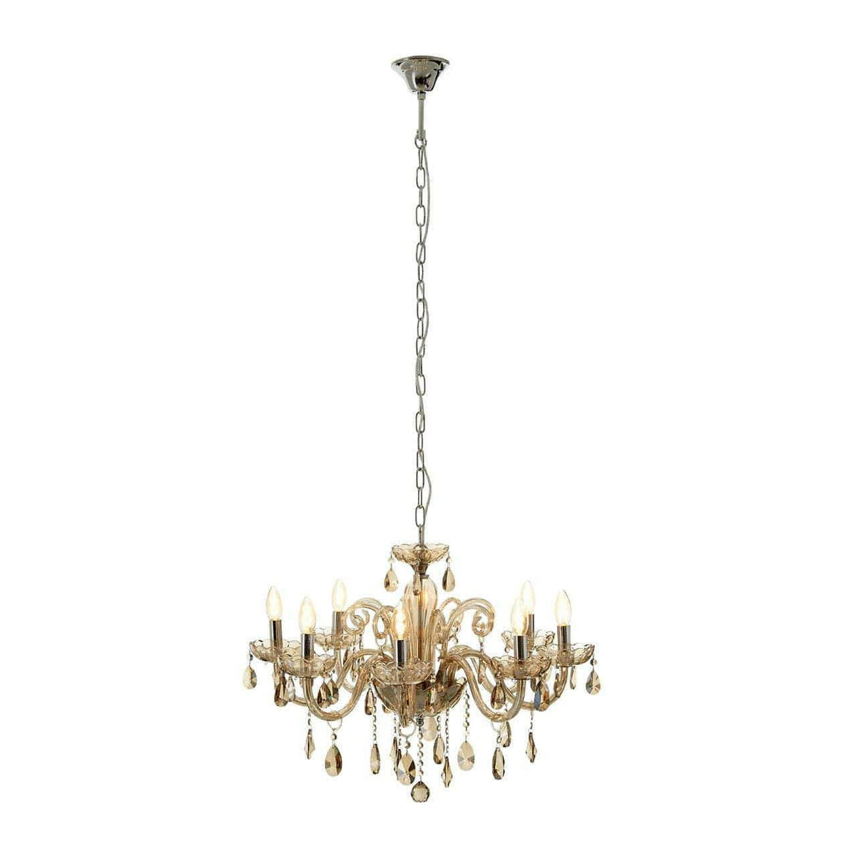 Murano 8 Bulb Chrome/Cognac Glass Chandelier.