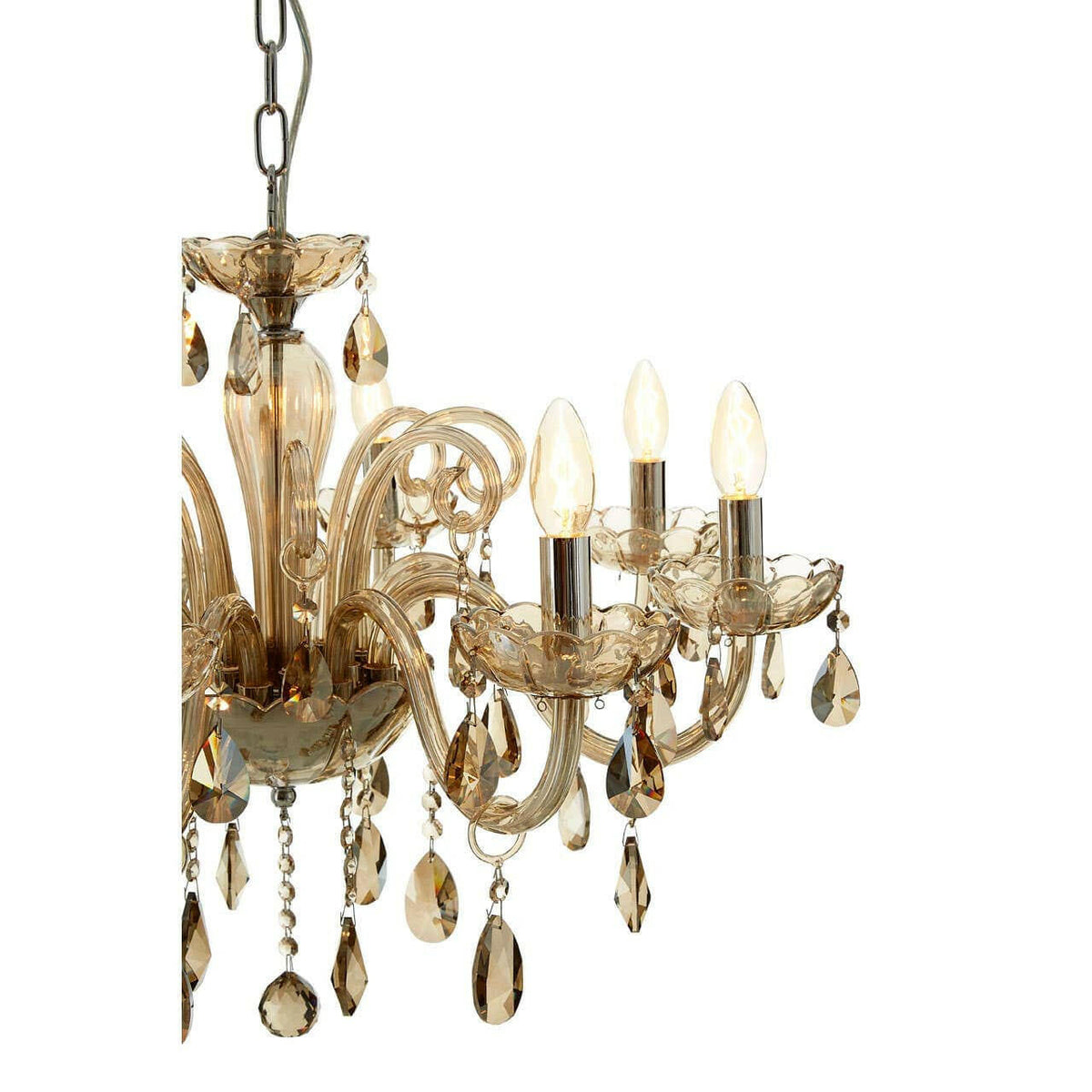 Murano 8 Bulb Chrome/Cognac Glass Chandelier.