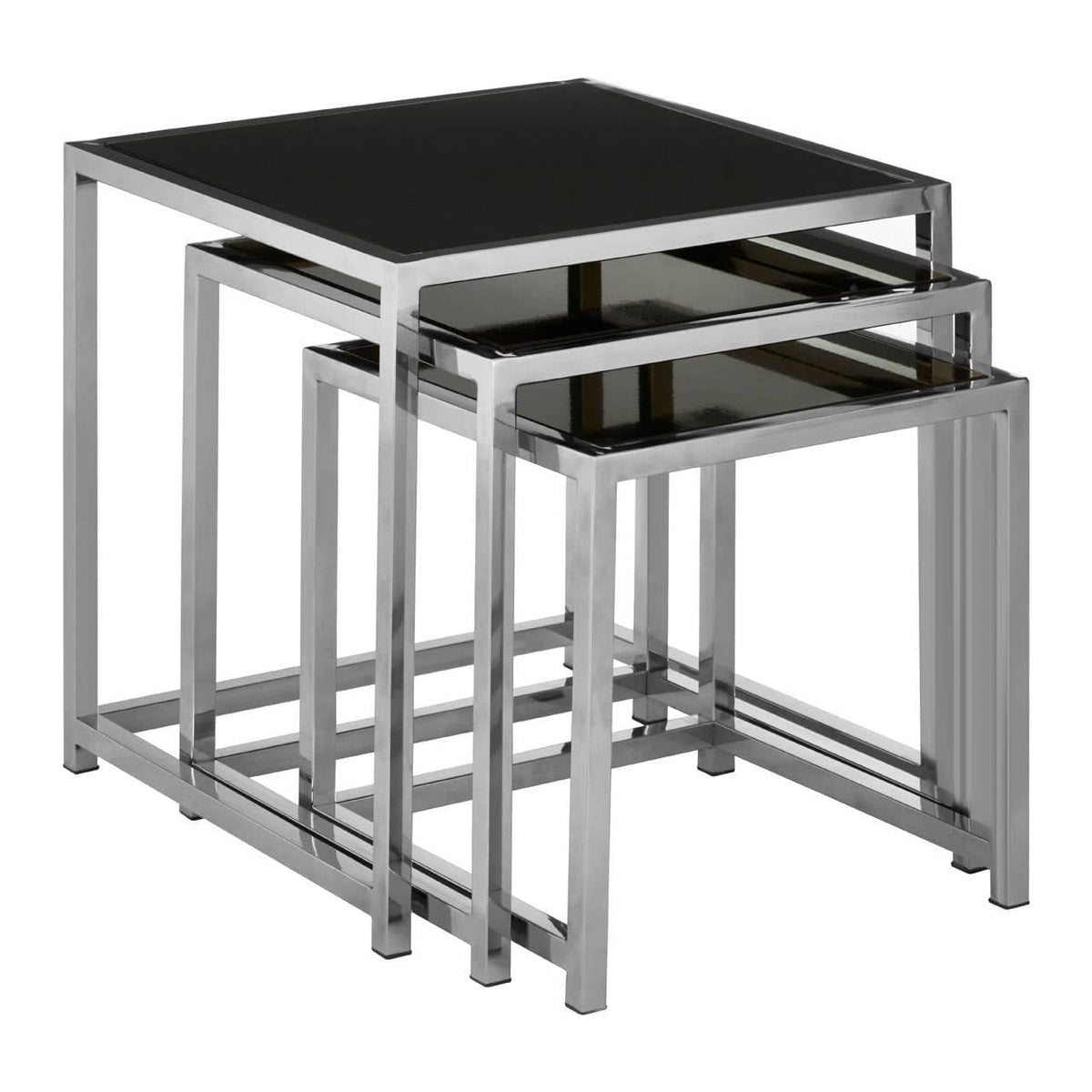 Noosa & Co. Living Ackley Chrome Set Of 3 Nesting Tables with Black Glass House of Isabella UK