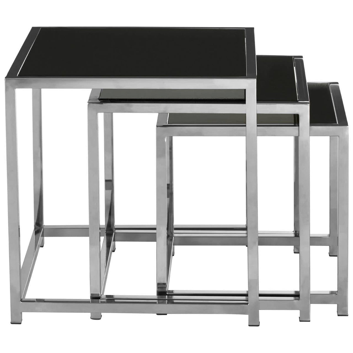 Noosa & Co. Living Ackley Chrome Set Of 3 Nesting Tables with Black Glass House of Isabella UK