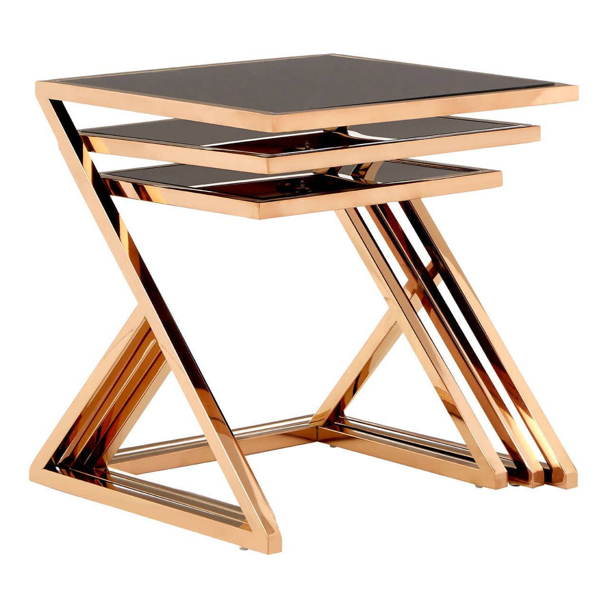 Noosa & Co. Living Ackley Rose Gold Finish set of 3 Nesting Tables with Black Glass House of Isabella UK