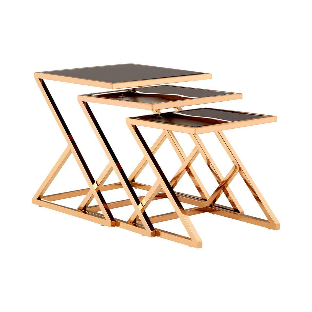 Noosa & Co. Living Ackley Rose Gold Finish set of 3 Nesting Tables with Black Glass House of Isabella UK