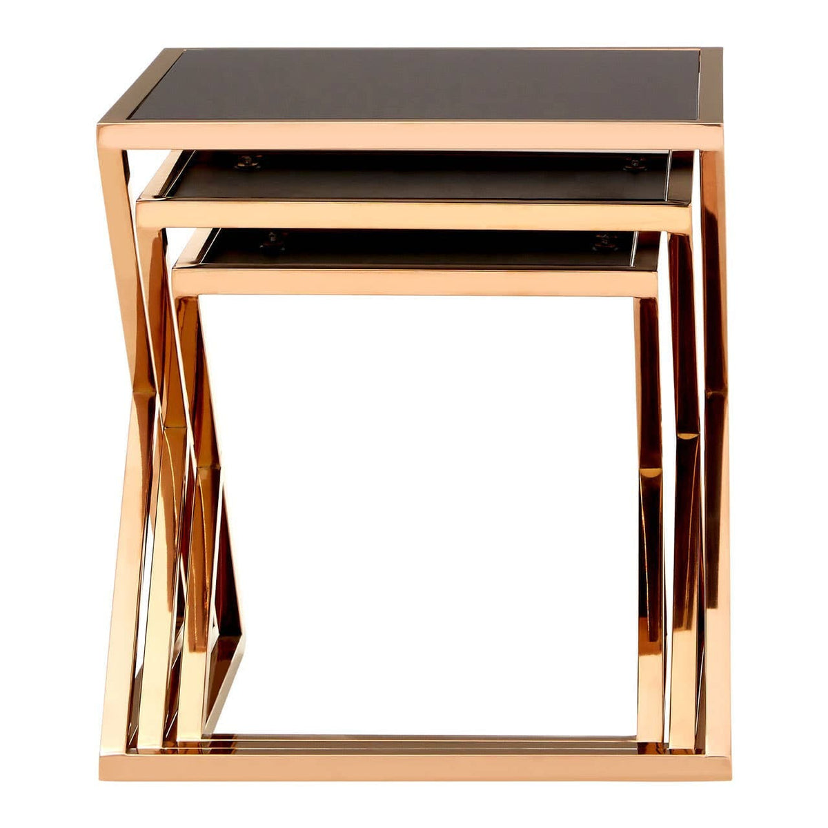 Noosa & Co. Living Ackley Rose Gold Finish set of 3 Nesting Tables with Black Glass House of Isabella UK