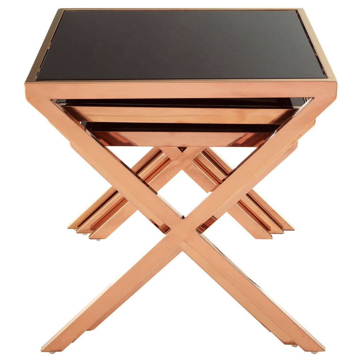 Noosa & Co. Living Ackley Rose Gold Set of 3 Nesting Tables with Black Glass House of Isabella UK