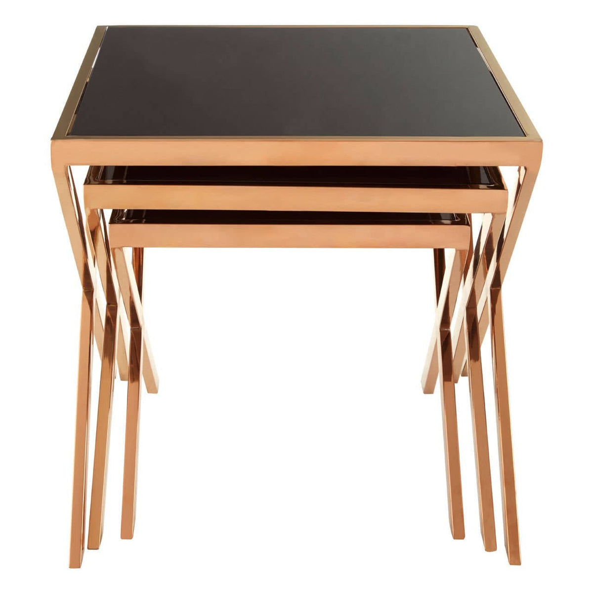 Noosa & Co. Living Ackley Rose Gold Set of 3 Nesting Tables with Black Glass House of Isabella UK