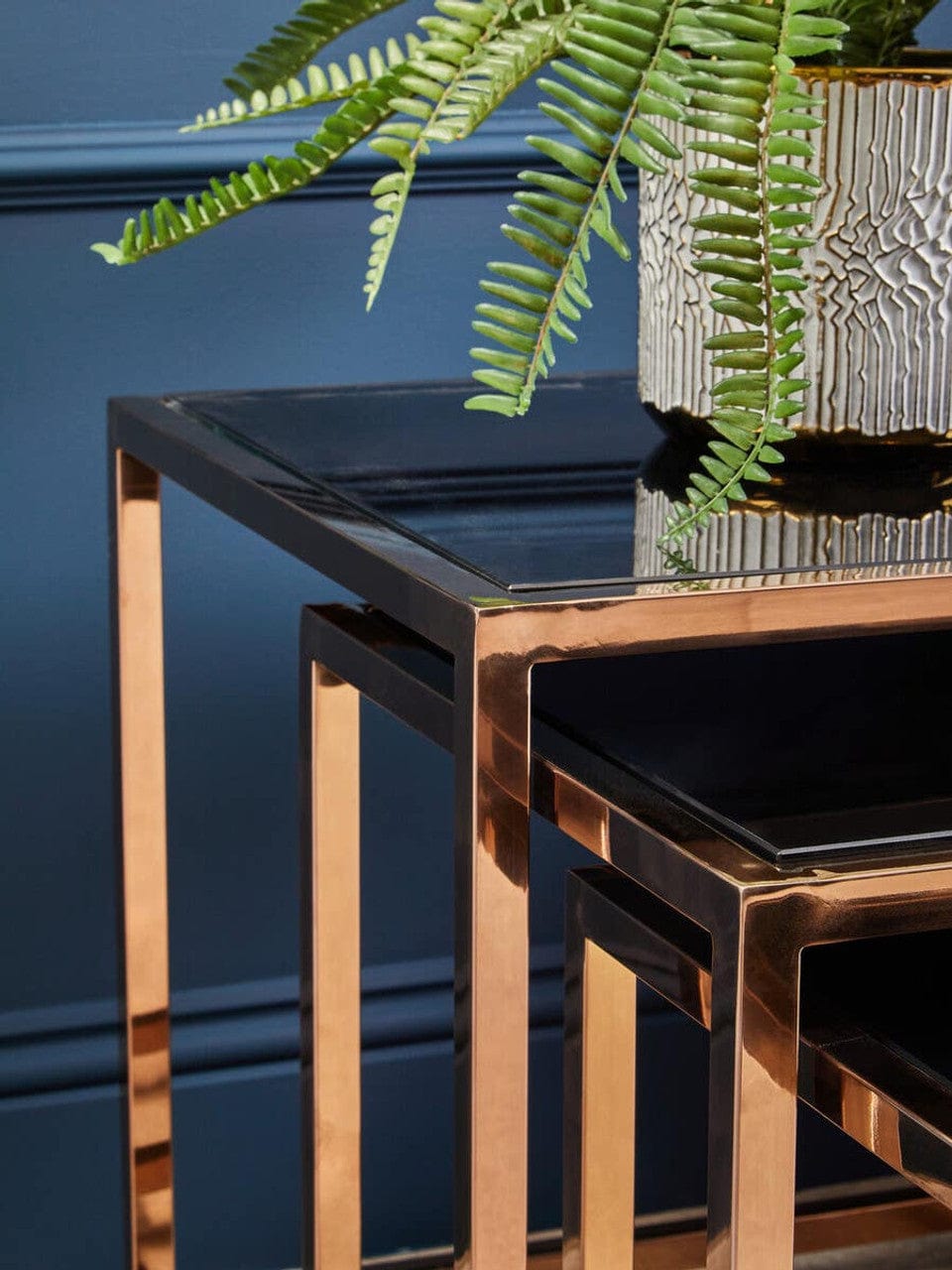 Noosa & Co. Living Ackley Set of 3 Gold Frame Nesting Tables with Black Glass House of Isabella UK