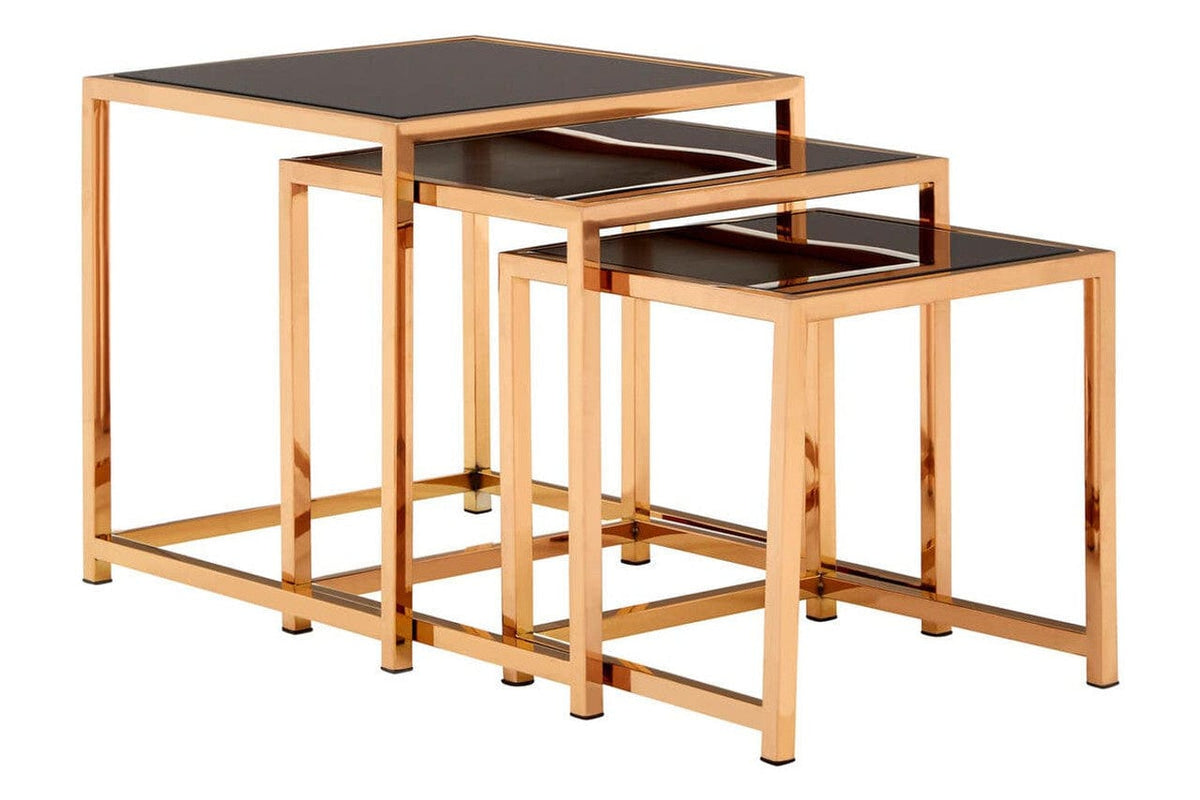 Noosa & Co. Living Ackley Set of 3 Gold Frame Nesting Tables with Black Glass House of Isabella UK