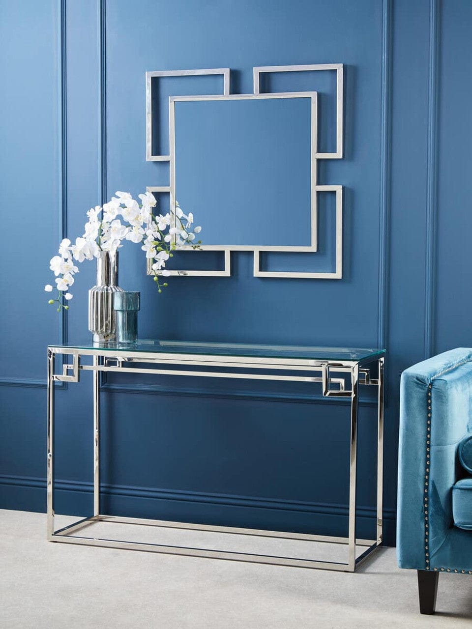 Noosa & Co. Living Allure Tempered Glass Silver Finish Console Table House of Isabella UK