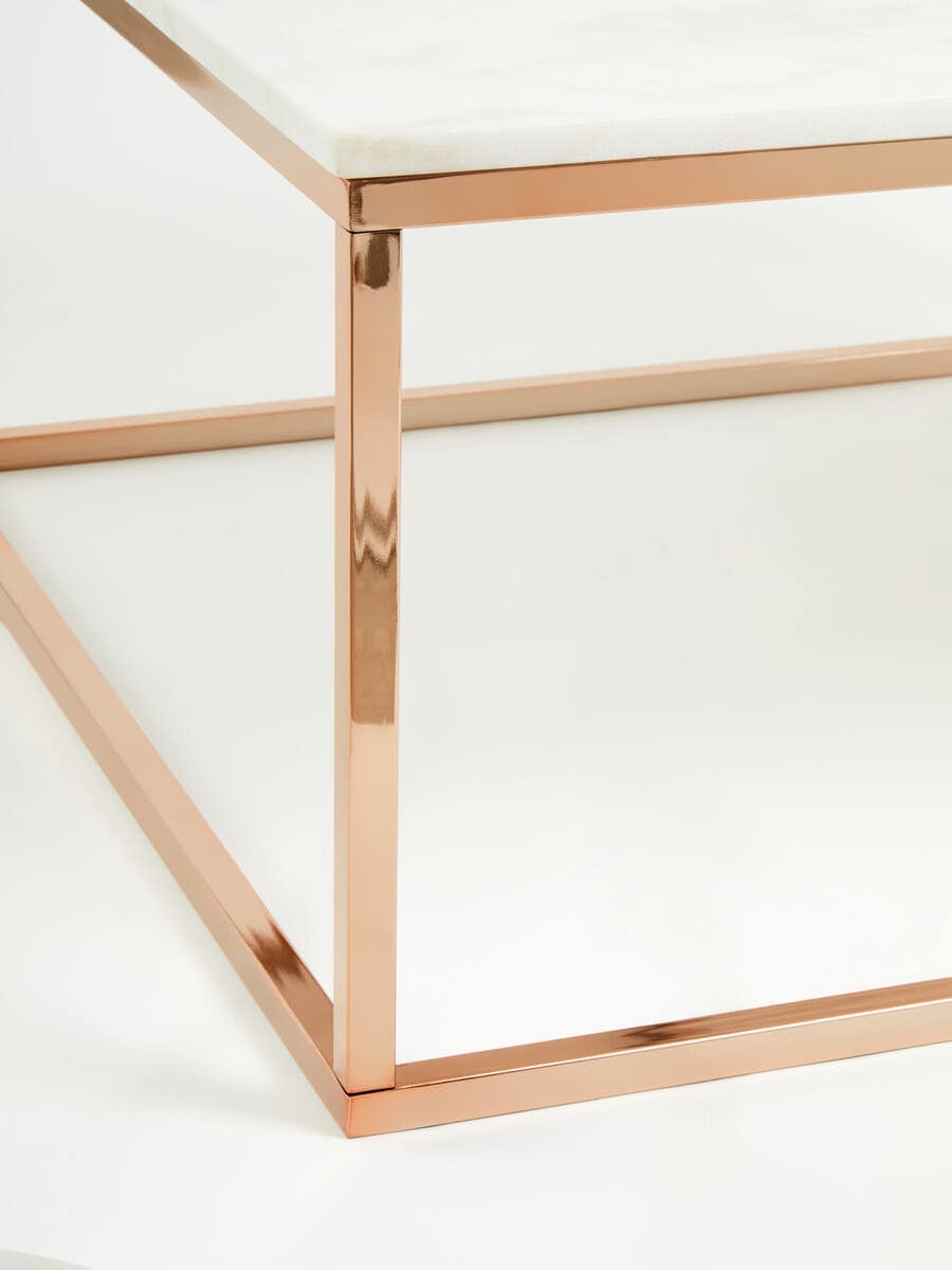 Alustre Square Rose Gold and Marble Coffee Table.