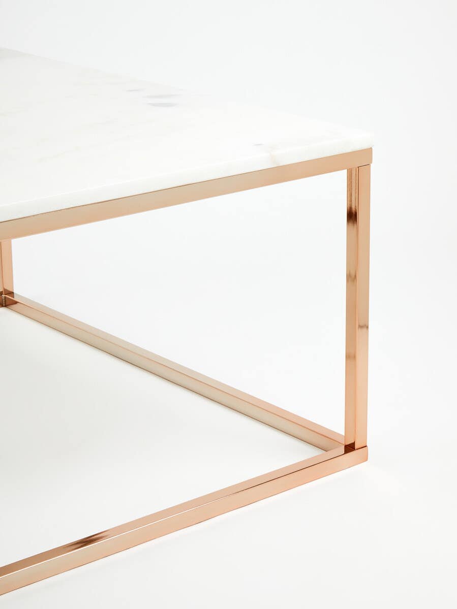 Alustre Square Rose Gold and Marble Coffee Table.