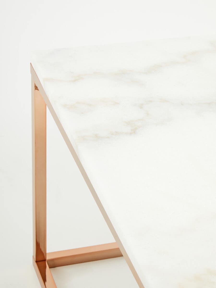 Alustre Square Rose Gold and Marble Coffee Table.