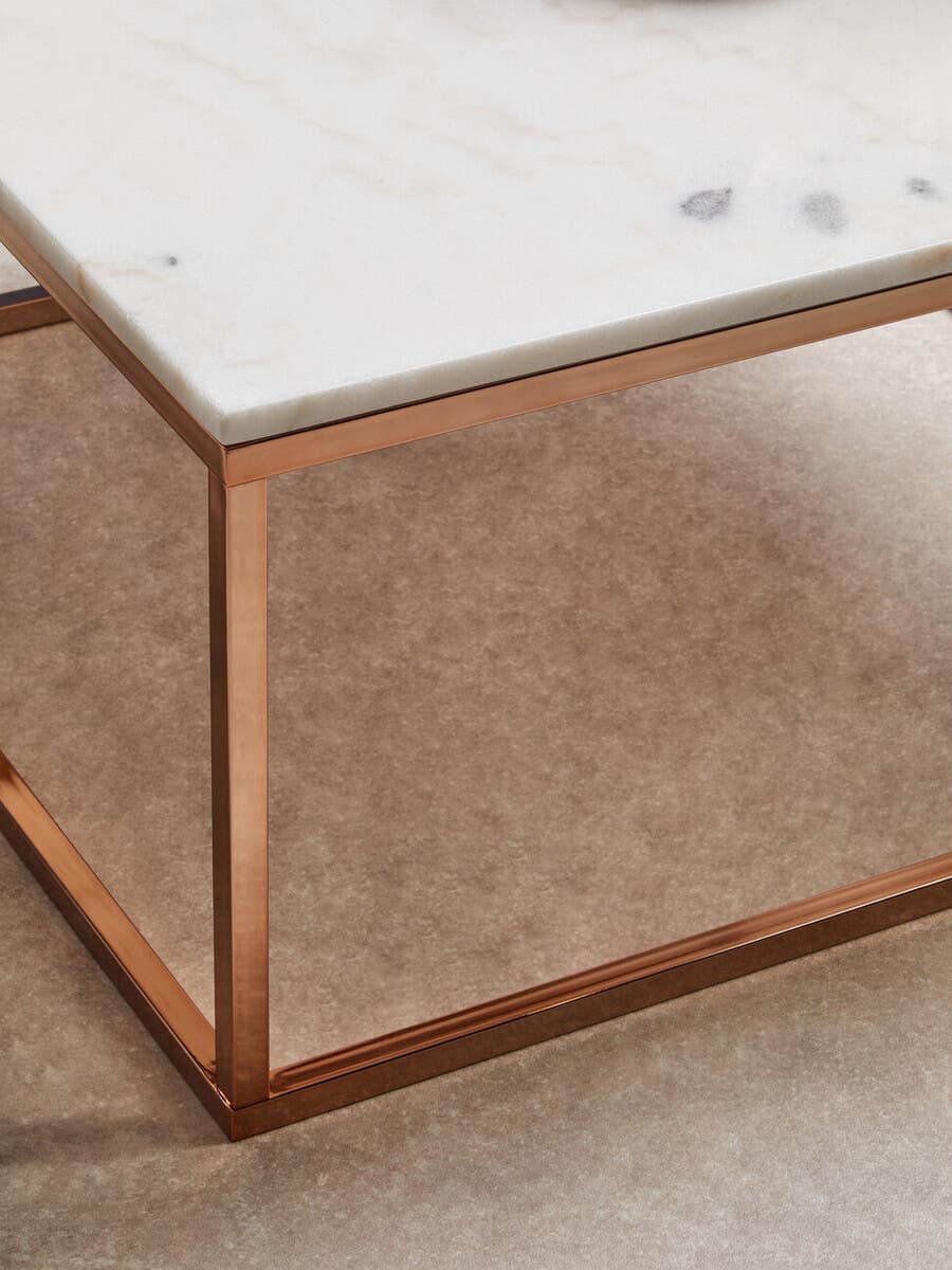 Alustre Square Rose Gold and Marble Coffee Table.