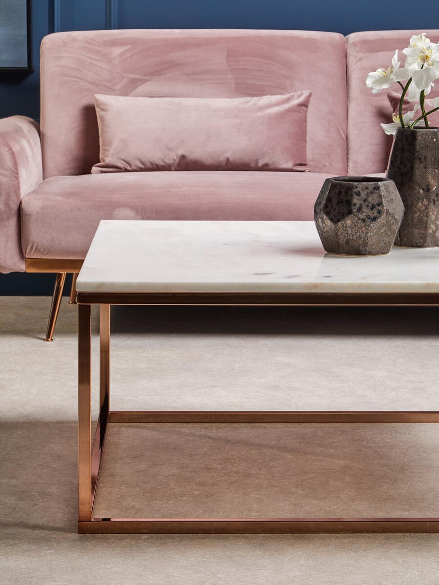 Alustre Square Rose Gold and Marble Coffee Table.