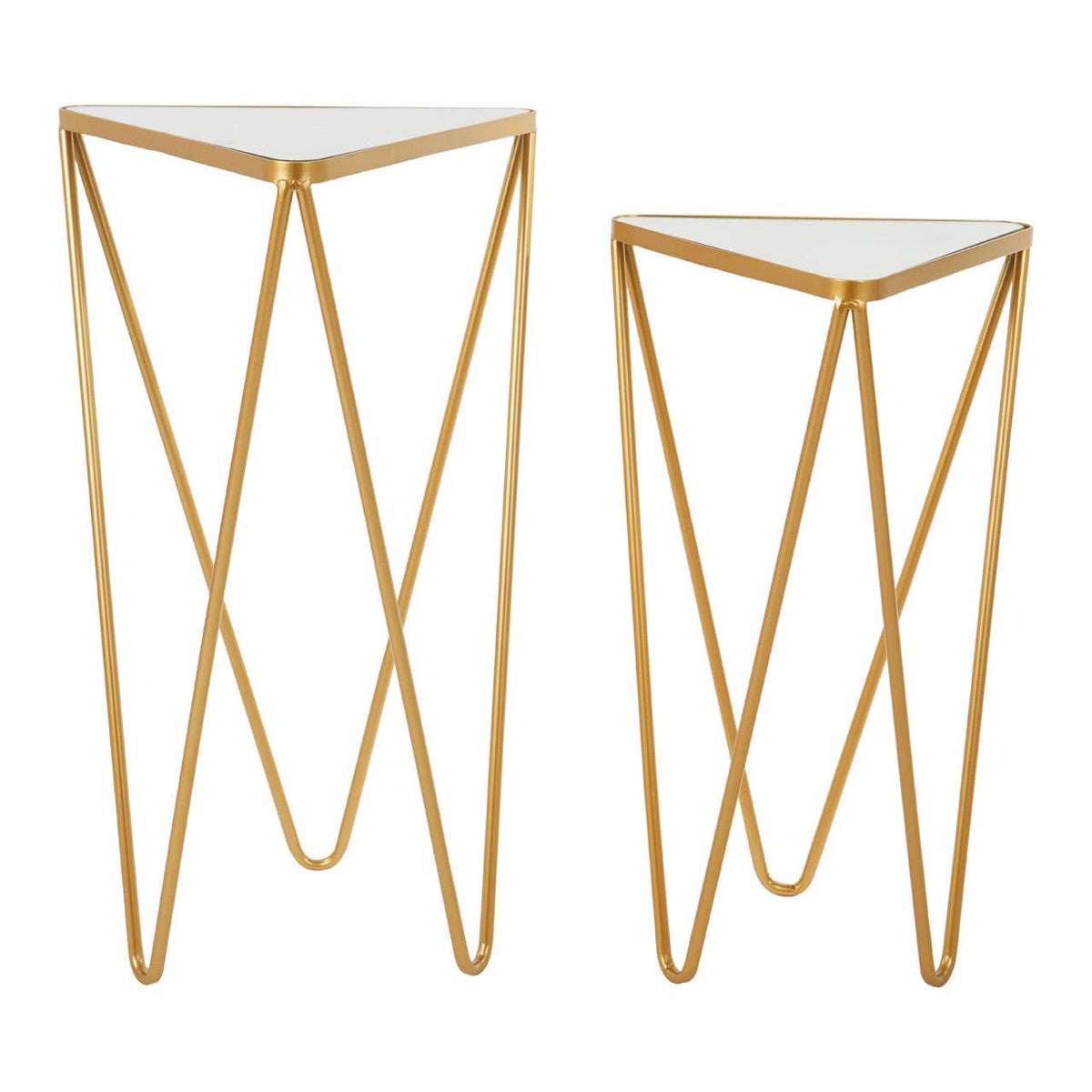 Avantis Set Of 2 Gold Finish Triangle Tables.