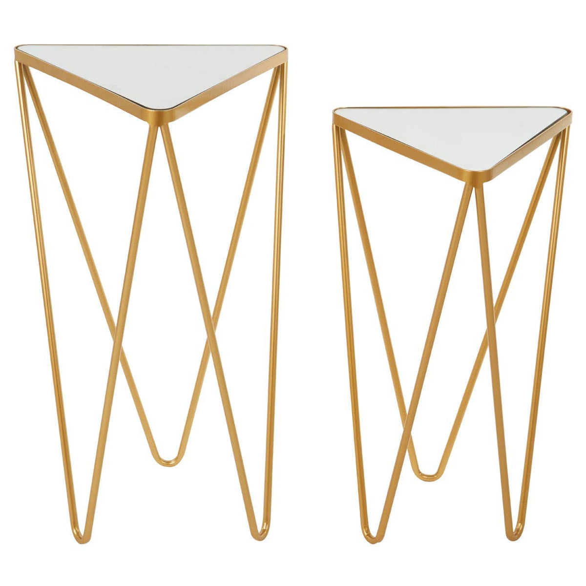 Avantis Set Of 2 Gold Finish Triangle Tables.