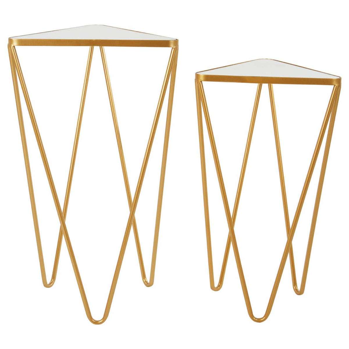Avantis Set Of 2 Gold Finish Triangle Tables.