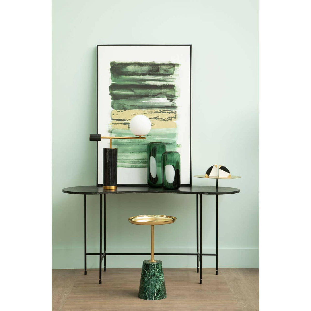 Avola Gold Side Table Green Marble Effect Base.