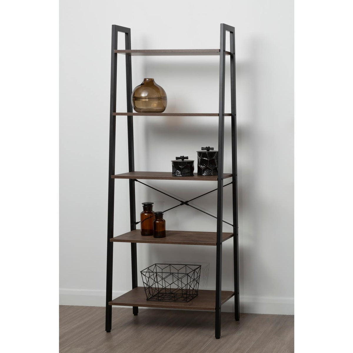 Bradbury Five Tier Dark Oak Veneer Ladder Shelf Unit.