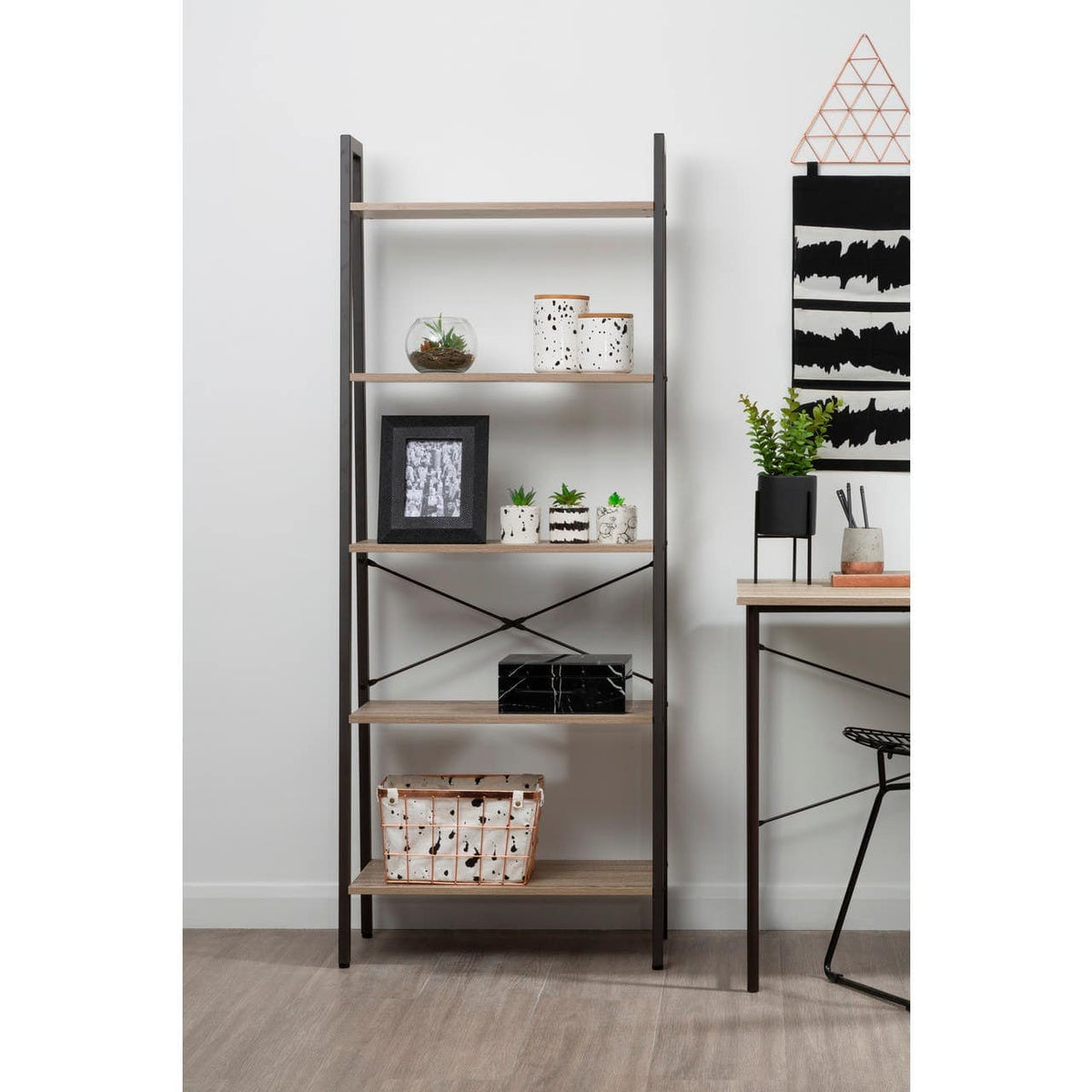 Bradbury Five Tier Grey Oak Veneer Ladder Shelf Unit.