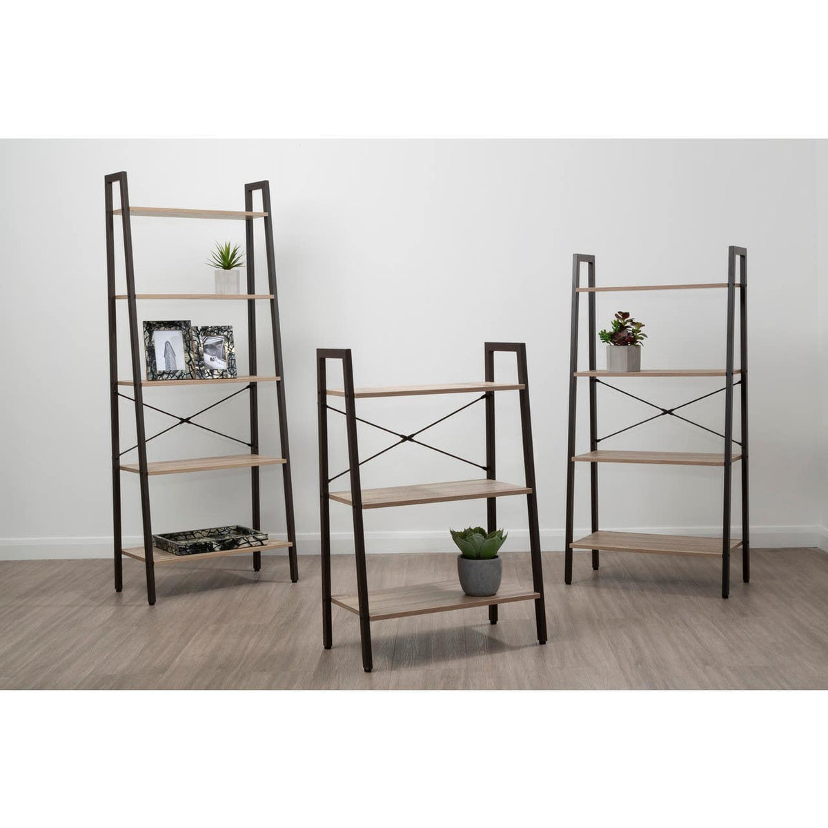 Bradbury Five Tier Grey Oak Veneer Ladder Shelf Unit.