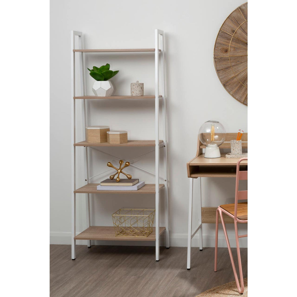 Bradbury Five Tier Natural Oak Veneer Ladder Shelf Unit.