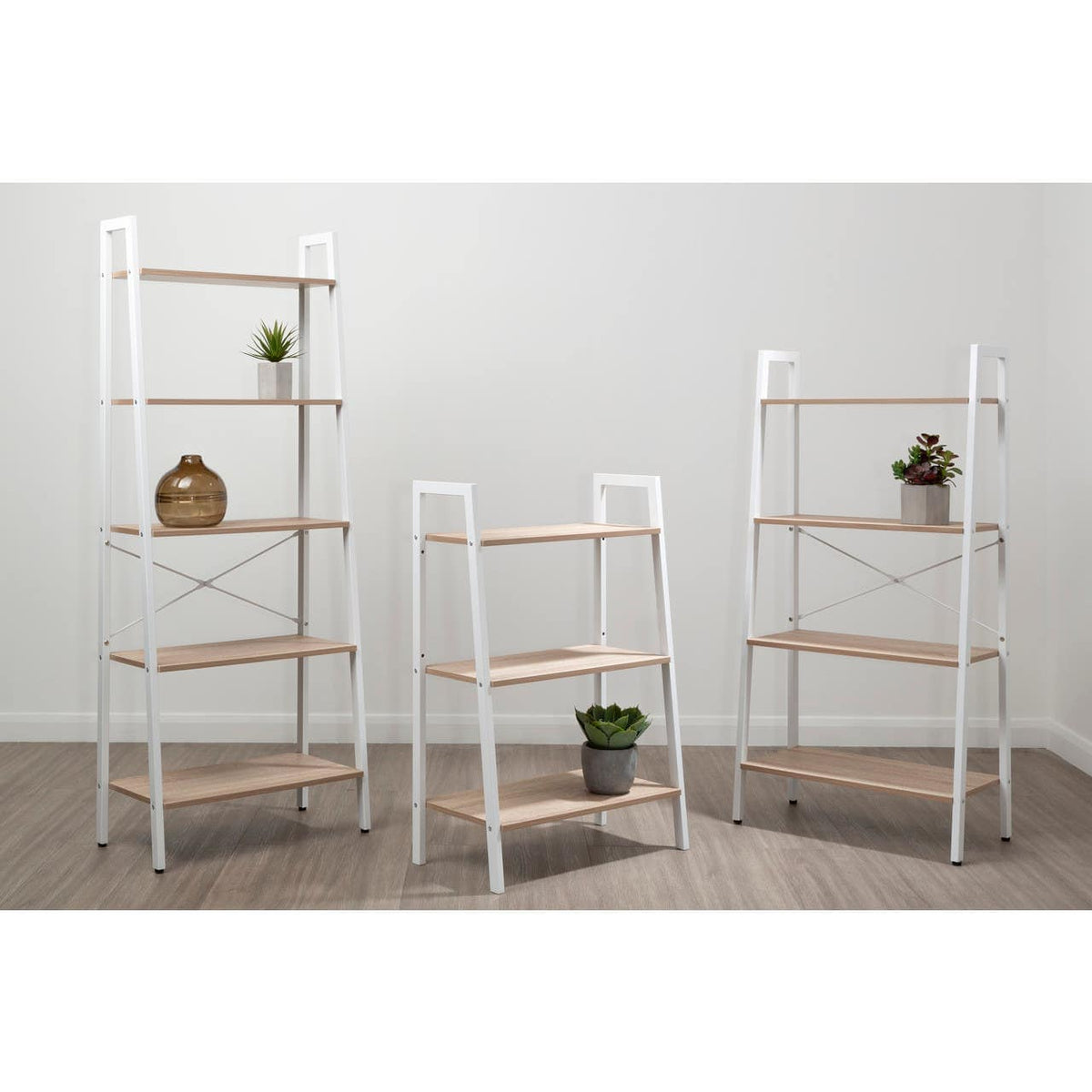Bradbury Five Tier Natural Oak Veneer Ladder Shelf Unit.