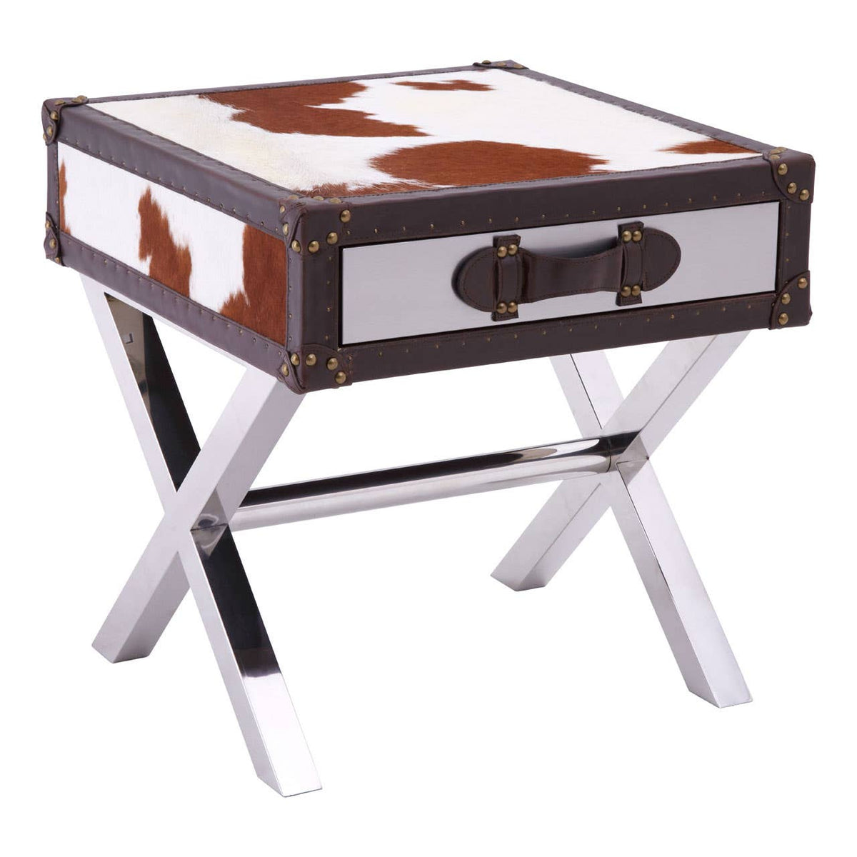 Brown/White Genuine Cowhide 1 Drawer Table.