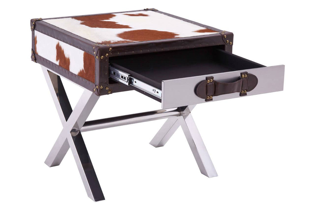 Brown/White Genuine Cowhide 1 Drawer Table.