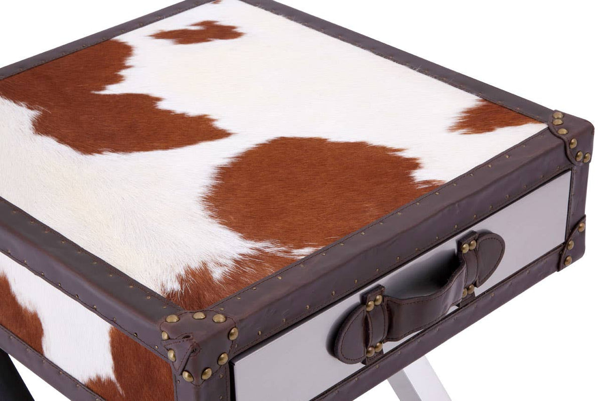 Brown/White Genuine Cowhide 1 Drawer Table.