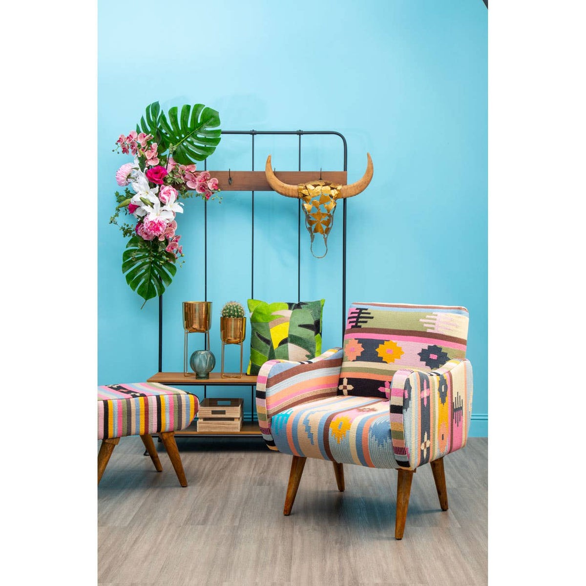 Cefena Multi-Coloured Fabric Chair With Mango Wood Legs.