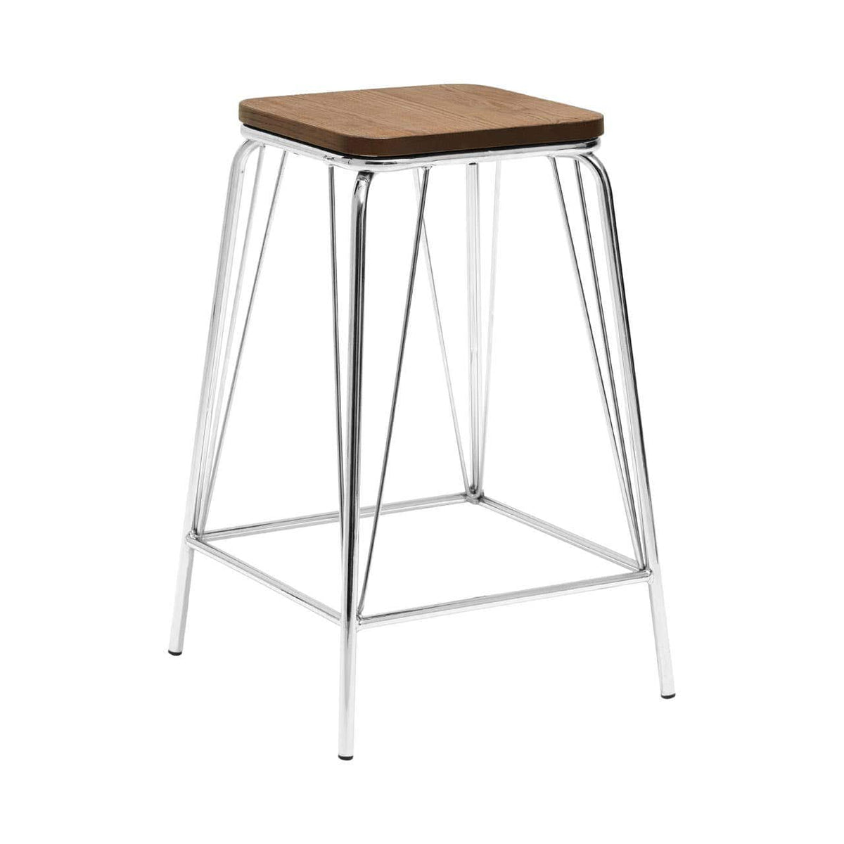 District Chrome Metal And Elm Wood Stool.
