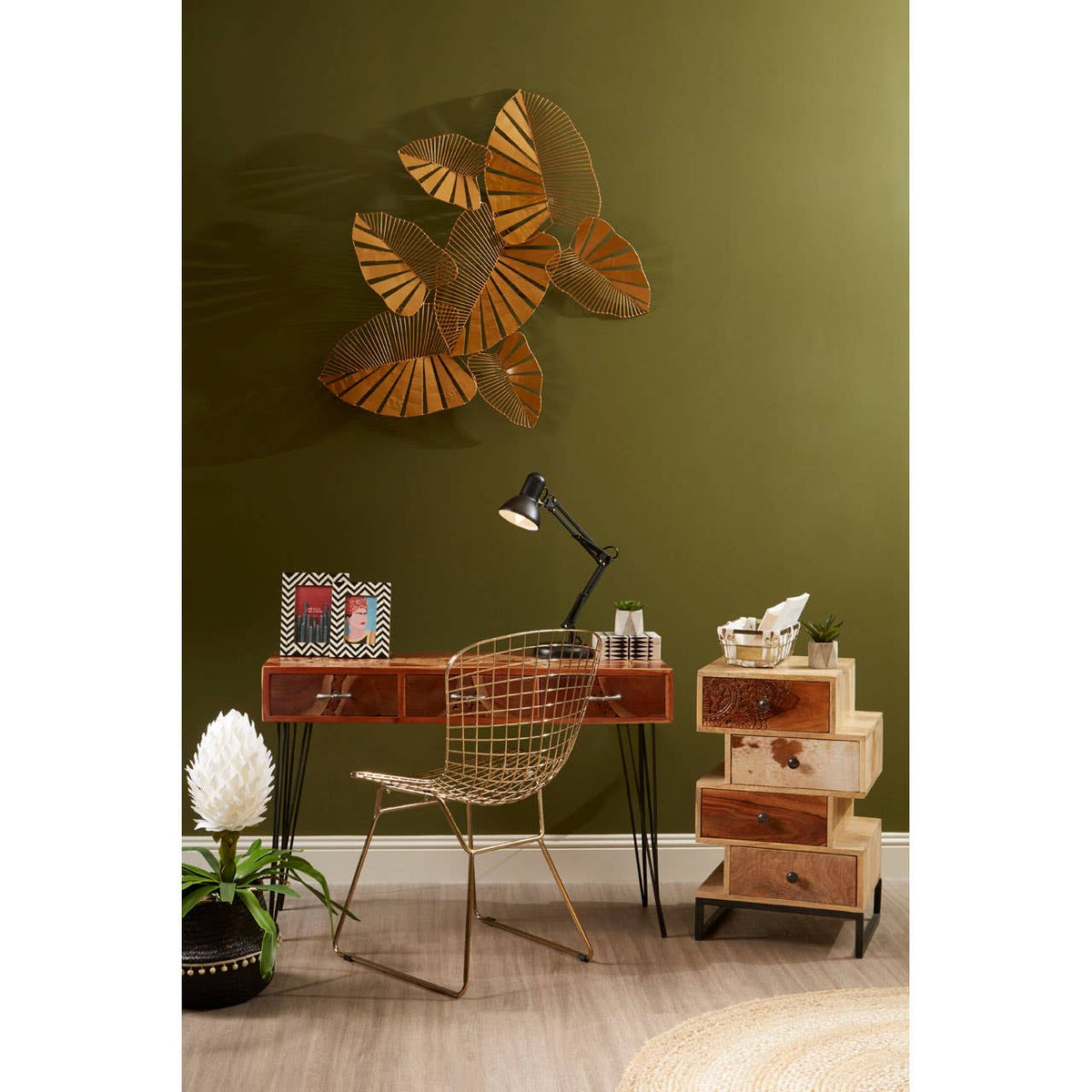 District Gold Metal Grid Frame Wire Chair.