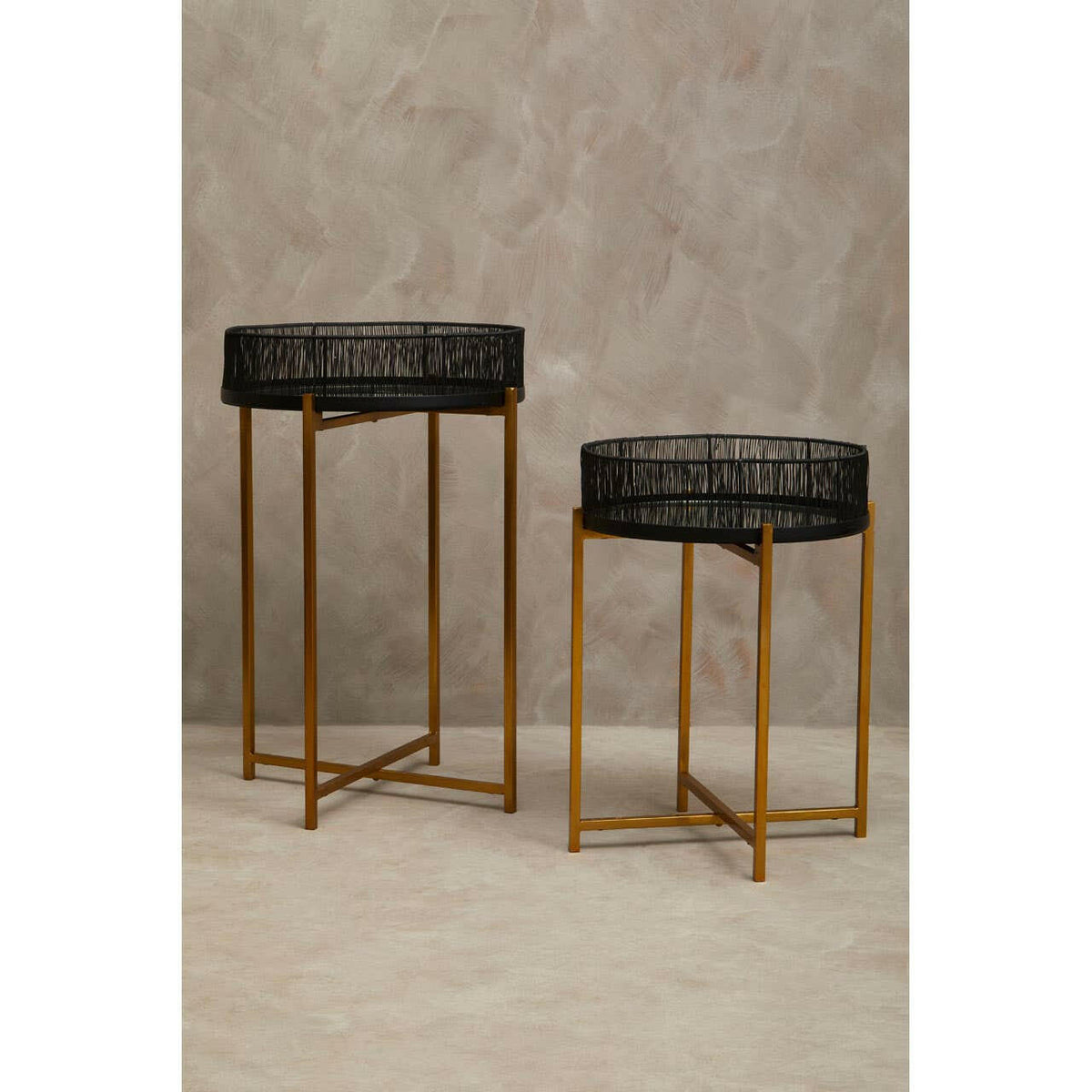 Enzo Set Of Two Black Wire And Gold Frame Tables.