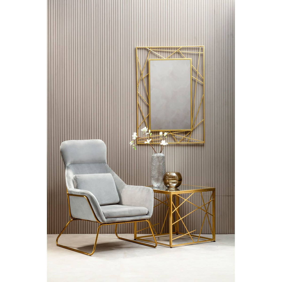 Farran Gold Finish Side Table With Mirror Top.
