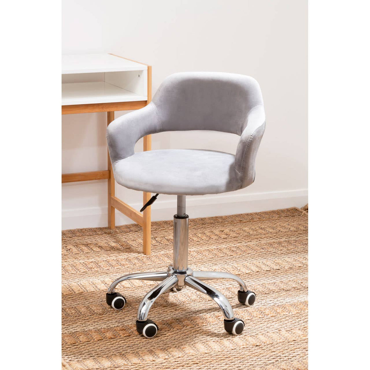 Grey Velvet Home Office Chair With Curved Back.