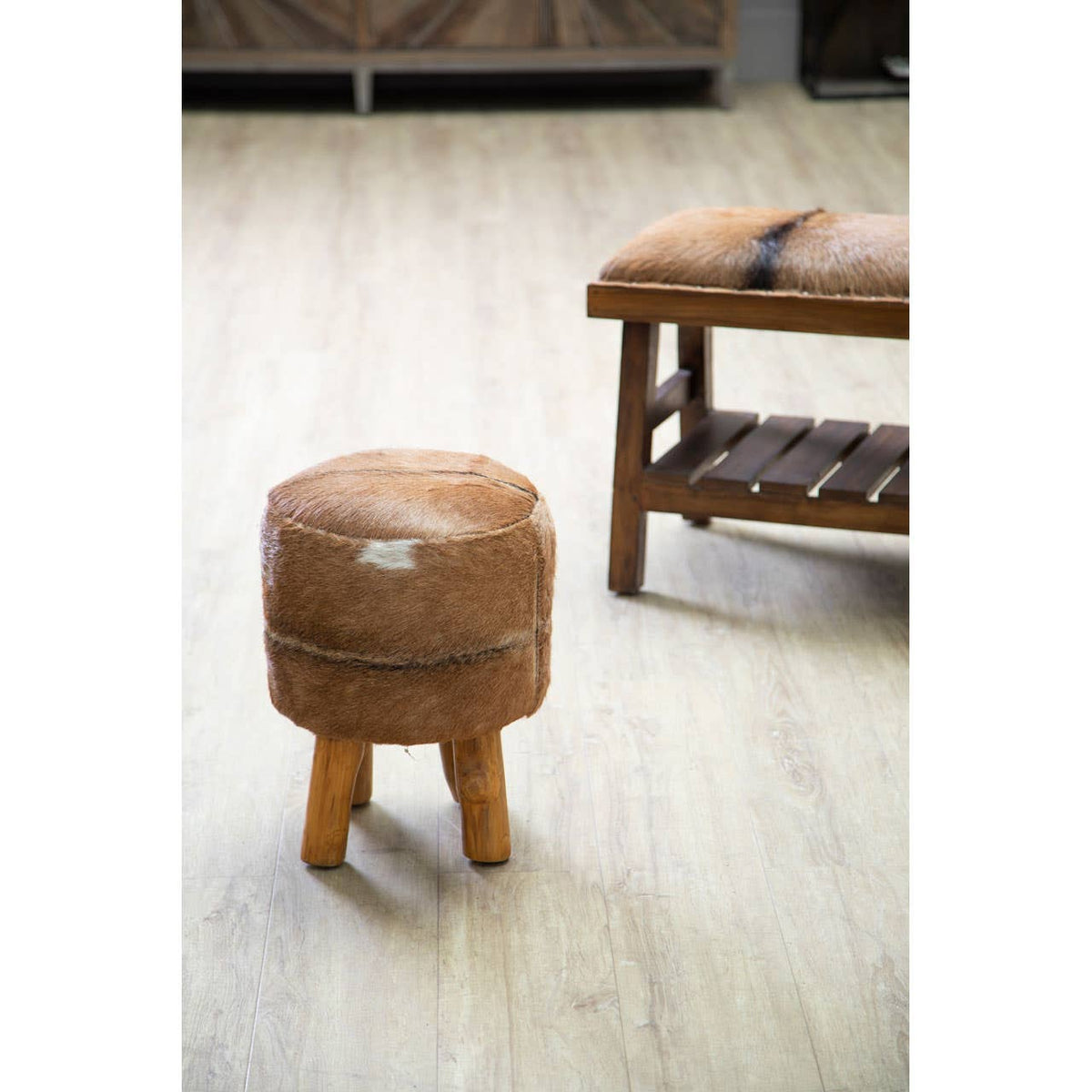 Inca Brown Goat Hide Round Stool.