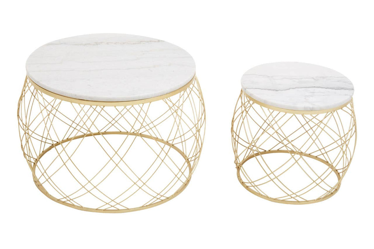 Jodie Set Of Two Side Tables With White Marble And Gold Frame.