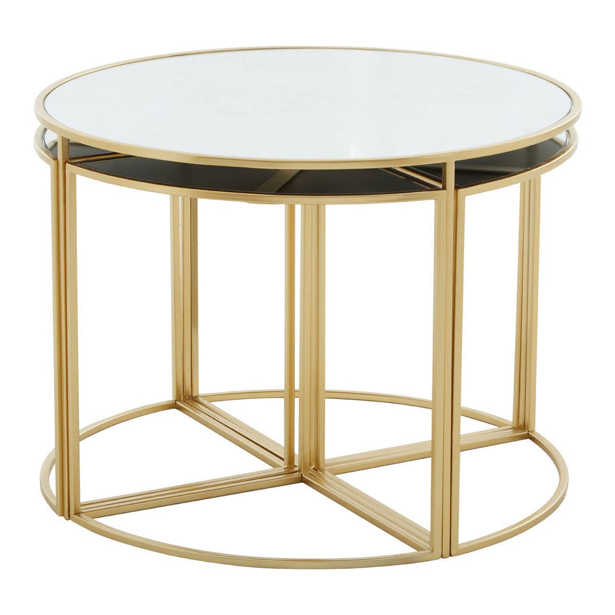Jolie Five Peice Nesting Tables Set With Mirrored Top And Gold Frames.