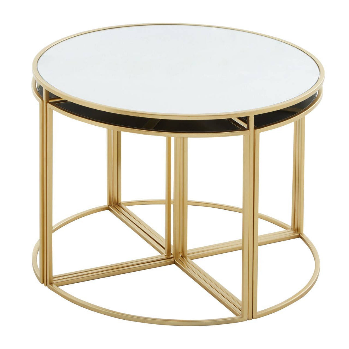 Jolie Five Peice Nesting Tables Set With Mirrored Top And Gold Frames.