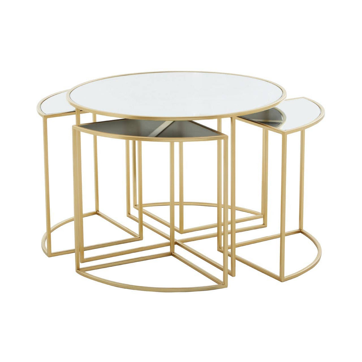 Jolie Five Peice Nesting Tables Set With Mirrored Top And Gold Frames.