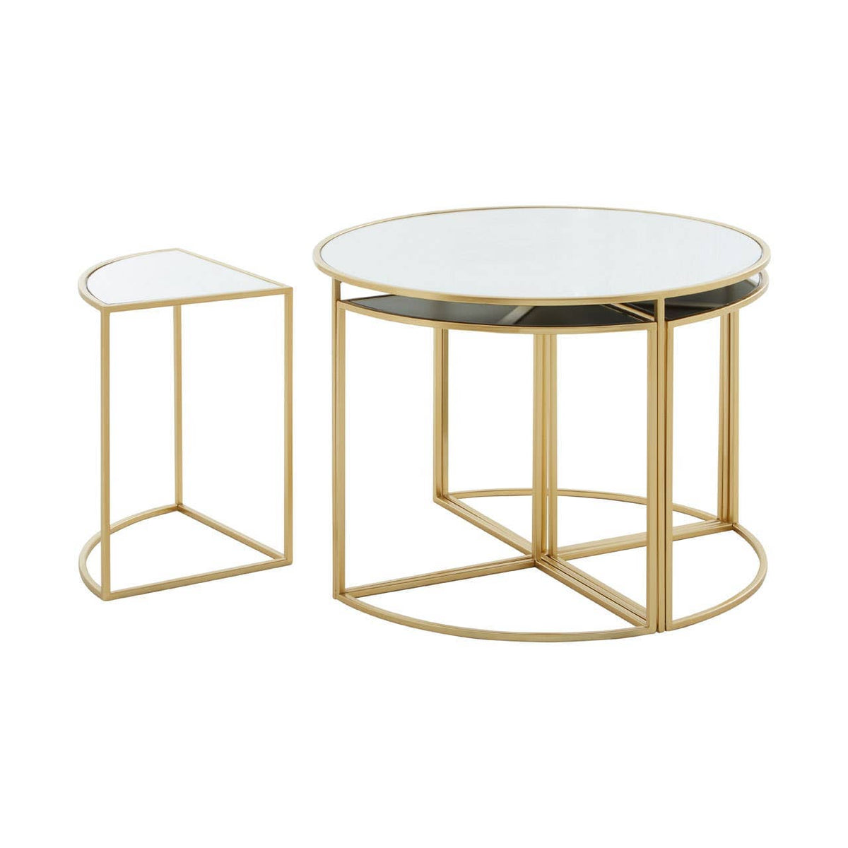 Jolie Five Peice Nesting Tables Set With Mirrored Top And Gold Frames.