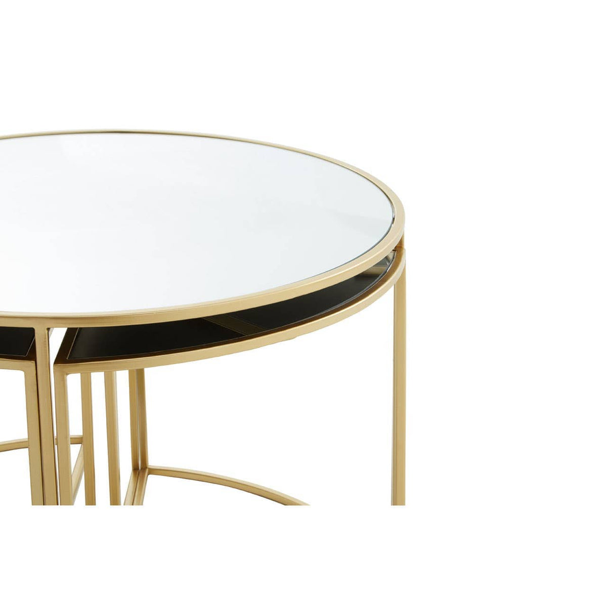 Jolie Five Peice Nesting Tables Set With Mirrored Top And Gold Frames.