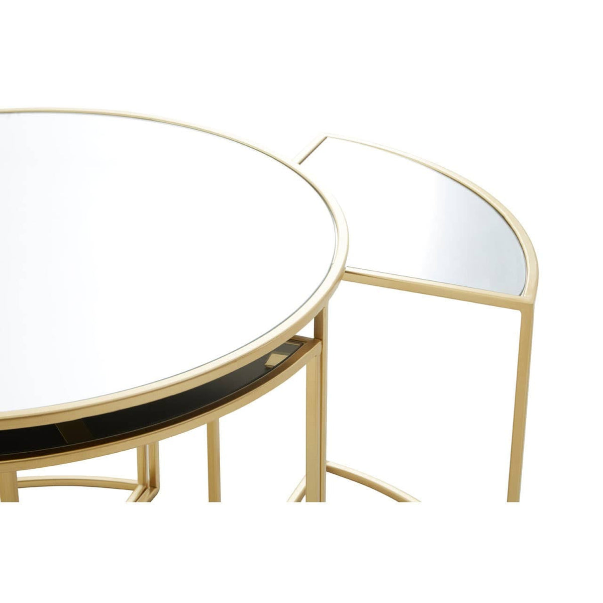 Jolie Five Peice Nesting Tables Set With Mirrored Top And Gold Frames.
