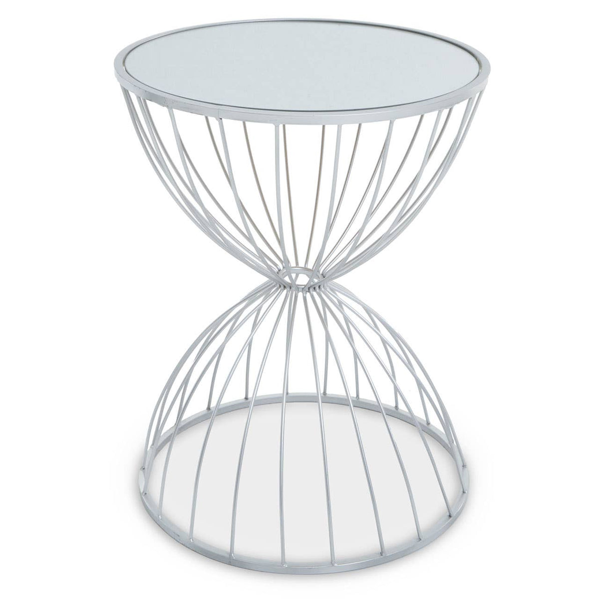 Jolie Hourglass Mirrored Top Silver Frame Side Table.